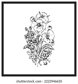 Ilustración del vector de flores dibujada a mano negra para la invitación a la tarjeta de boda. arte de línea aislado en fondo blanco.