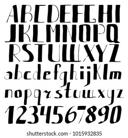 Black hand drawn font - uppercase and lowercase letters. Grunge rough inked alphabet with capital and lower case characters and numbers. Modern bold typeface made by ink pen. 