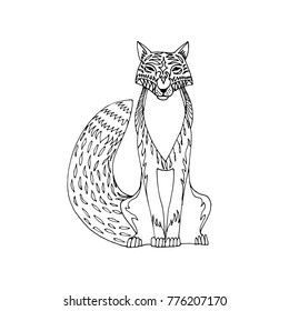 Black hand drawn fox decorative contour image on white background. Stylized tattoo, graphic image. Vector illustration.