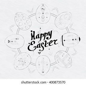 Black hand drawn geometric modern easter wreath with calligraphic easter eggs on paper.