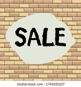 Black hand drawn graffiti sign Sale on a brick wall. Handwriting text on stucco stain. Vector illustration for flyer, sale, announcement. Offer banner on grunge background.