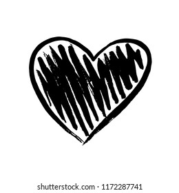 Black hand drawn heart on white background. Design element for Valentine's day. Hand-drawn painted heart for t-shirt print, flyer, poster design. Vector illustration.