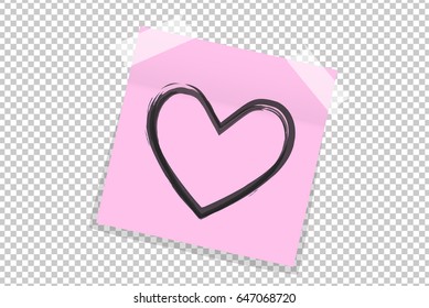 Black hand drawn heart on pink office paper sticker with shadow isolated. Vector illustration
