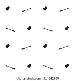 black hand drawn hearts and arrows seamless vector pattern background illustration