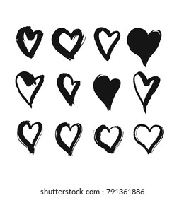 Black hand drawn hearts. Rough style. Ink brush drawn design elements for love story, greeting card, invitation, wedding, St. Valentine day.
