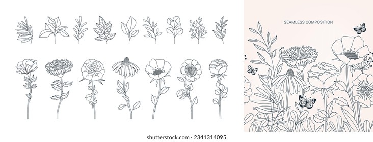 Black Hand Drawn Herbs, Plants and Flowers, Branches, Florals. Vector Illustration