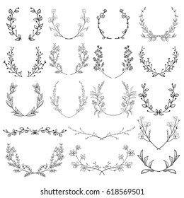 Black Hand Drawn Herbs, Plants and Flowers, Florals. Decorative Outlined Branches, Laurels, Brackets.Vector Illustration