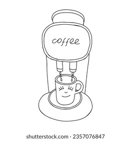 A Black hand drawn illustration of capsule coffee machine preparing coffee with a cup and lettering Coffee