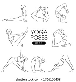 Ilustración dibujada a mano negra de una muchacha en muchas poses diferentes de yoga aisladas de fondo blanco: Ilustración del vector