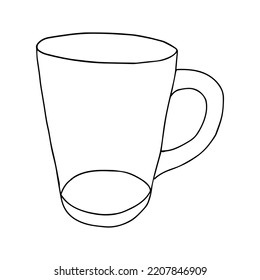 Black hand drawn illustration of a glass transparent empty cup for hot tea or coffee isolated on a white background