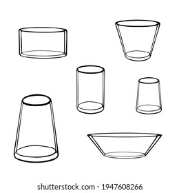 Black hand drawn illustration of a group of transparent glasses or vases for water or flowers isolated on a white background