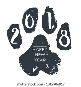 Black hand drawn isolated dog footprint. Grunge ink illustration. 2018 happy chinese new yaer. Calligraphy numeric. Minimalistic poster.