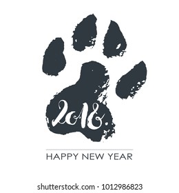 Black hand drawn isolated dog footprint. Grunge ink illustration. 2018 happy chinese new yaer. Calligraphy numeric. Minimalistic poster.