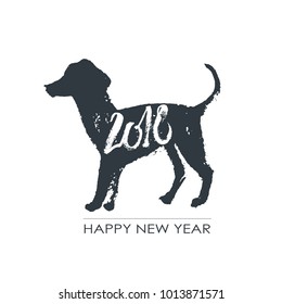 Black hand drawn isolated dog silhouette. Grunge ink illustration. 2018 happy chinese new year. Calligraphy numeric. Minimalistic poster.