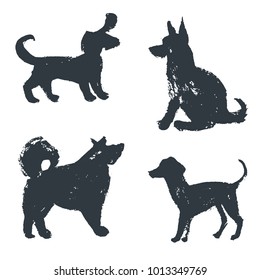 Black hand drawn isolated dogs silhouette. Grunge ink illustration. Vector collection. Different breeds. Dachshund, chao-chao, shepherd dog