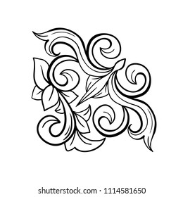 Black Hand Drawn Isolated Greek, Byzantine and Roman vintage floral headpiece. Decoration or weave plant ornament in baroque or victorian style. Royal adornment with leaf, luxury vignet element.