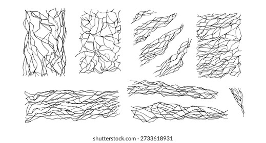Dibujado a mano negro kintsugi líneas delicadas grietas conjunto. Elementos de decoración de énfasis de textura de cerámica rota con técnica de reparación de hobby. Vector elegantes patrones hechos a mano por la tradición del arte de la cerámica japonesa.