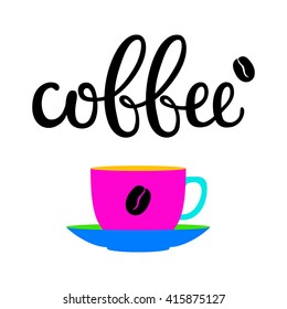 Black hand drawn lettering "coffee", grain and colored silhouette of cup on white background. Vector illustration. Calligraphic logo