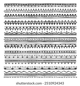 Bordes de línea dibujados a mano negros, divisores tribales con Elementos geométricos. Gráfico del marco del doodle de Antiguas, conjunto de Vector de decoración de Elementos étnicos Horizontales. Subrayado de la eclosión de Doodle