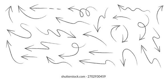 Black hand drawn line brush sketch arrows set. Doodle sketch curved and swirly arrows for infographic. Vector illustration