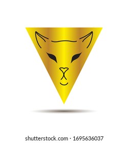 Black hand drawn line cat's head in golden triangle. Cat line minimalism logo design. Stylized abstract pets vector logotype illustration
