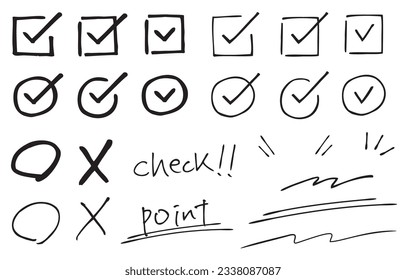 Black hand drawn line drawing check marks and decorations