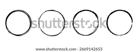 Black hand drawn marker circles round set. Doodle round shapes. Crayon circle highlight, freehand ovals doodle. Chalk pencil ellipse frames, round shapes in sketch style. isolated on white background