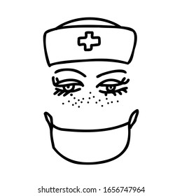 Black hand drawn nurse face icon, wearing hat with cross, isolated on white background. Doodle vector illustration. Includes nurse hat, face with freckles and face mask icons.