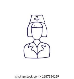 Black Hand Drawn Nurse Face Icon, Wearing Hat With Cross, Isolated On White Background. Medical Symbol. Doodle Vector Illustration.