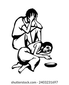 Black hand drawn old dirty danger african urban street slum human war hungry fear child boy prayer. Misery tired sleep sin life hope sad thin female girl pray beg god help water food lack graphic art
