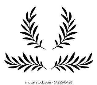 black hand drawn olive branches with leaves, wreath and laurel divider