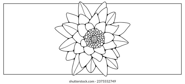 Black hand drawn outline of a lotus flower on a white background. Flower for coloring, creating various designs and patterns.