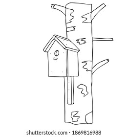 Black hand drawn outline vector illustration of A birdhouse or squirrel house for birds or squirrel from new boards is hanging on a birch tree in early spring in forest isolated on a white background