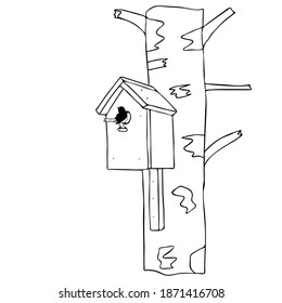 Black hand drawn outline vector illustration of A bird and a birdhouse or squirrel house. Birds, squirrels house made from boards, hanging on a birch tree in spring forest, isolated on a white.