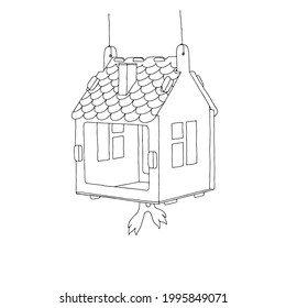 A Black hand drawn outline vector illustration of A birdhouse or squirrel house from new boards in the forest isolated on a white background.