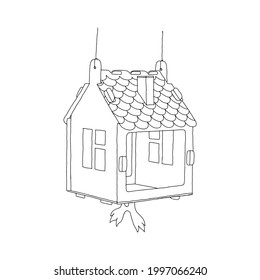A Black hand drawn outline vector illustration of A birdhouse or squirrel house from new boards in the forest isolated on a white background.
