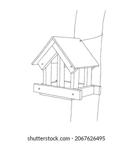 A Black hand drawn outline vector illustration of A birdhouse or squirrel house from new boards in the forest isolated on a white background.