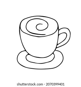 A Black Hand drawn outline vector illustration of a cup of cappuccino isolated on a white background