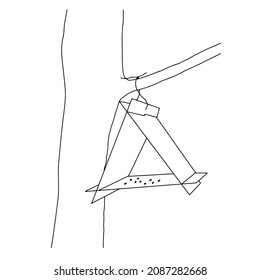 Black hand drawn outline vector illustration of A birdhouse for birds from new boards is hanging on a tree isolated on a white background.