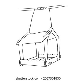 Black hand drawn outline vector illustration of A birdhouse or squirrel house for birds or squirrel from new boards is hanging on a tree isolated on a white background