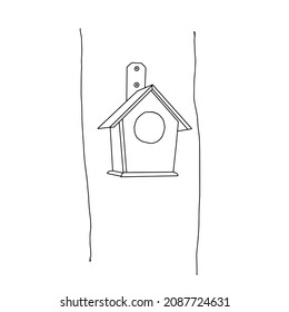 Black hand drawn outline vector illustration of A birdhouse or squirrel house for birds or squirrel from new boards is hanging on a tree isolated on a white background