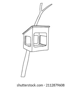 Black hand drawn outline vector illustration of A birdhouse or squirrel house for birds or squirrel from new boards is hanging on a tree isolated on a white background