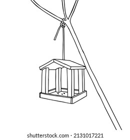 Black hand drawn outline vector illustration of A birdhouse for birds from new boards is hanging on a tree isolated on a white background.