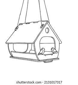 Black hand drawn outline vector illustration of A birdhouse for birds from new boards is hanging on a tree isolated on a white background.