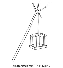 Black hand drawn outline vector illustration of A birdhouse for birds from new boards is hanging on a tree isolated on a white background.