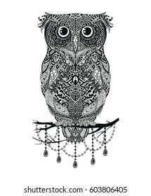 Black hand drawn Owl sitting on branch. Black and white zentangle art. Ethnic patterned illustration for antistress coloring book, tattoo, poster, print, t-shirt. Vector Illustration