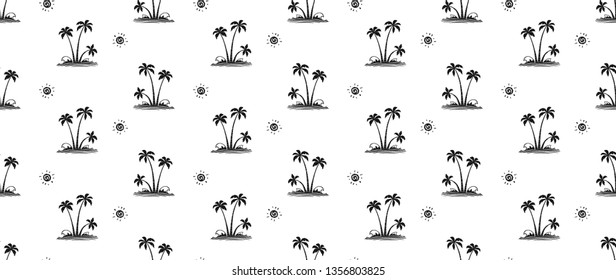 Black hand drawn palm trees on white background, vector tropic seamless pattern tile