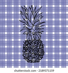 Black hand drawn Pineapple on checkered white and lilac background. Seamless repeatable vector pattern .