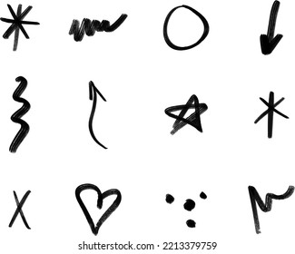 Black hand drawn retro shapes. Arrow, heart, wavy lines