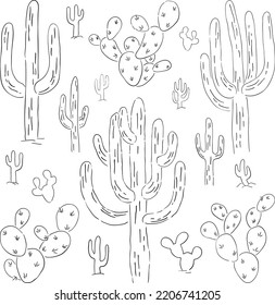 Schwarze handgezeichnete Kakteen. Cartoon-Kollektion von südwestamerikanischen und mexikanischen Kakteen. Vektor isolierte Clip-Kunst von Saguaro und opuntia Illustration auf weißem Hintergrund.